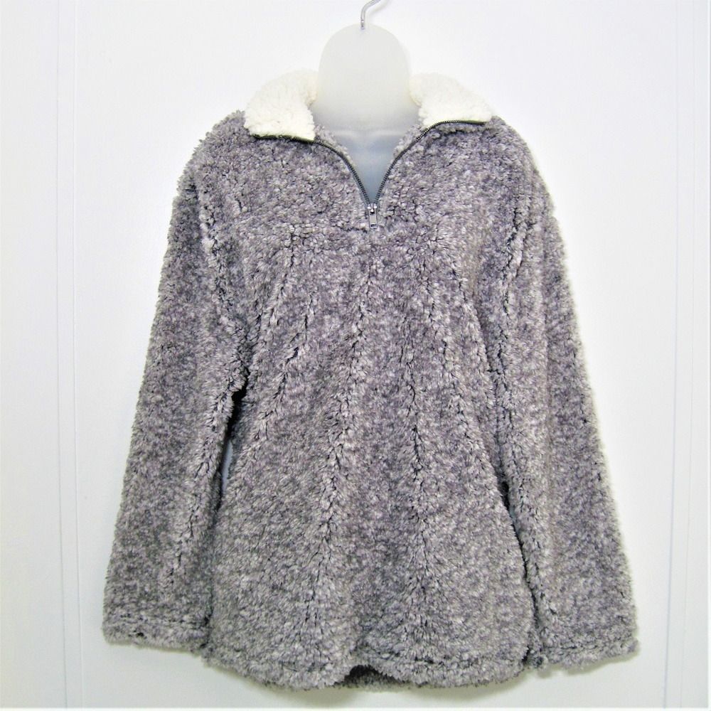 SWEATER sz L NWT FROSTED GREY FRONT ZIP FUR LOOK